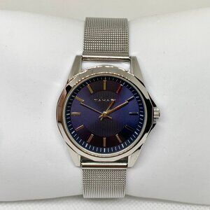 TAHARI women quartz analog watch silver tone blue dial 35mm mesh band running